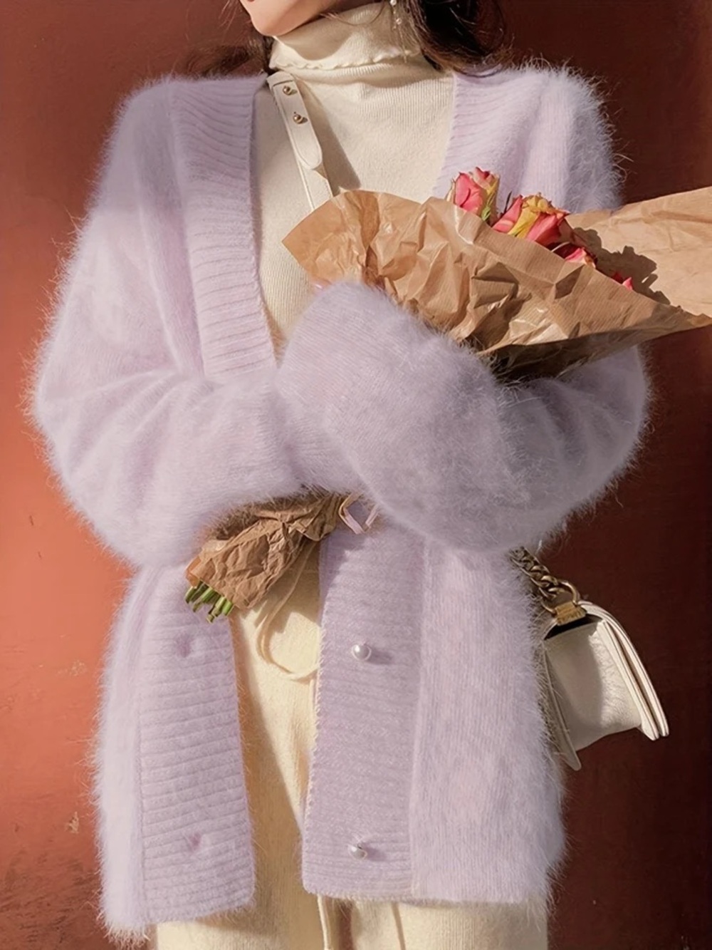 Pastel Lilac Pink Fuzzy Eyelash Pearl Button Oversized Cardigan One Size